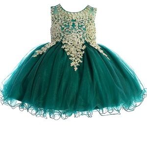 Baby Girls Emerald Green Gold Lace Wired Tulle Dress 10-18 months